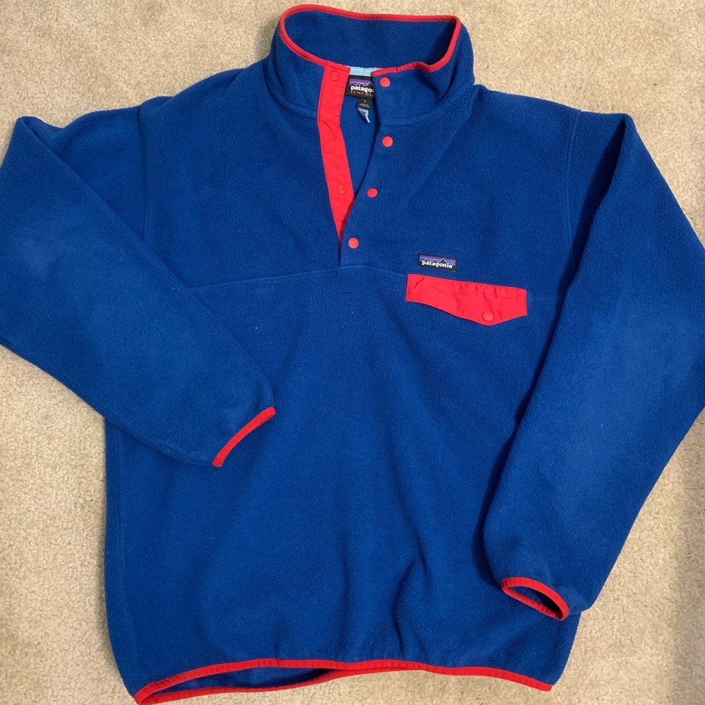 Patagonia Mens Large Synchilla Snap-T Fleece Blue and Red